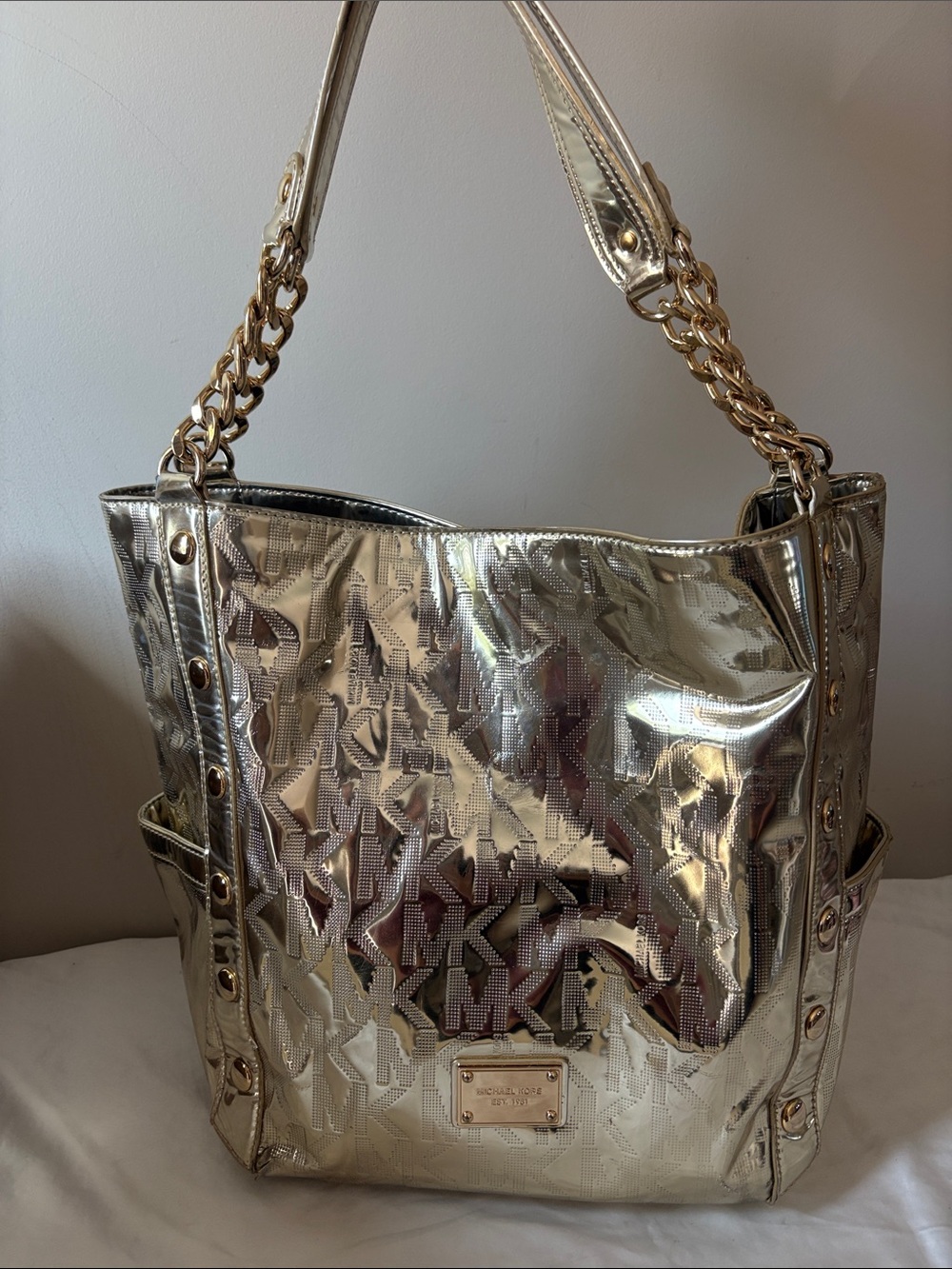 Michael Kors Shiny Metallic Gold Logo-Embossed Tote